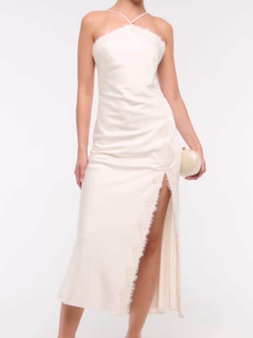 Abercrombie & Fitch Ivory Midi Slip Dress with Lace-Trim Slit